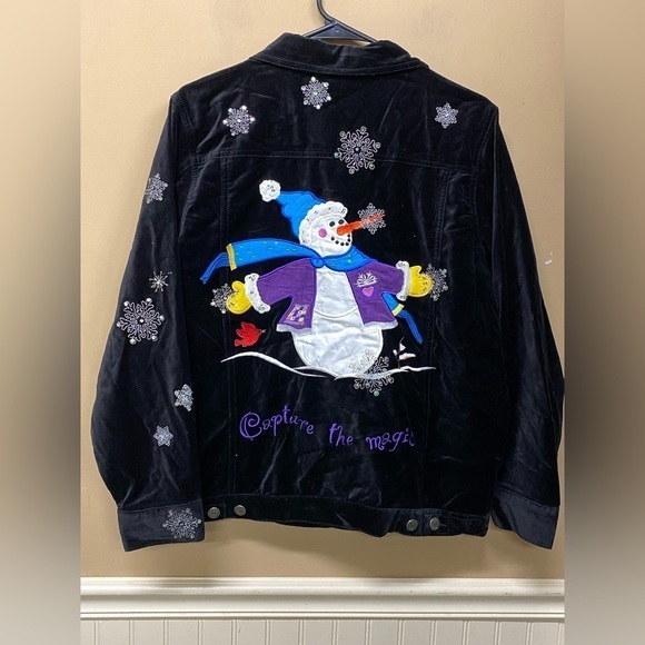 Quacker Factory Black Velvet Snowman Winter Scene Jacket Size M NWT - Picture 1 of 5